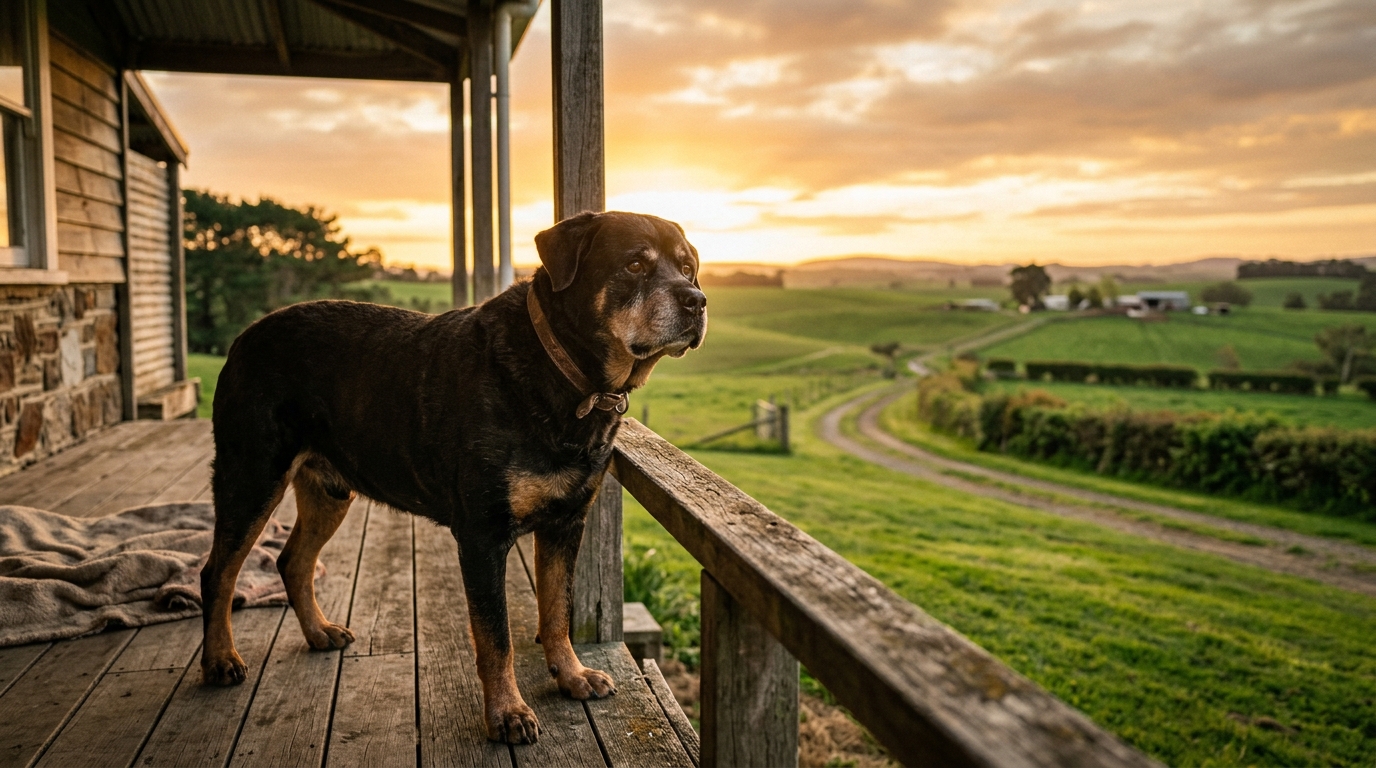 Duke standing on the porch looking out at the yard