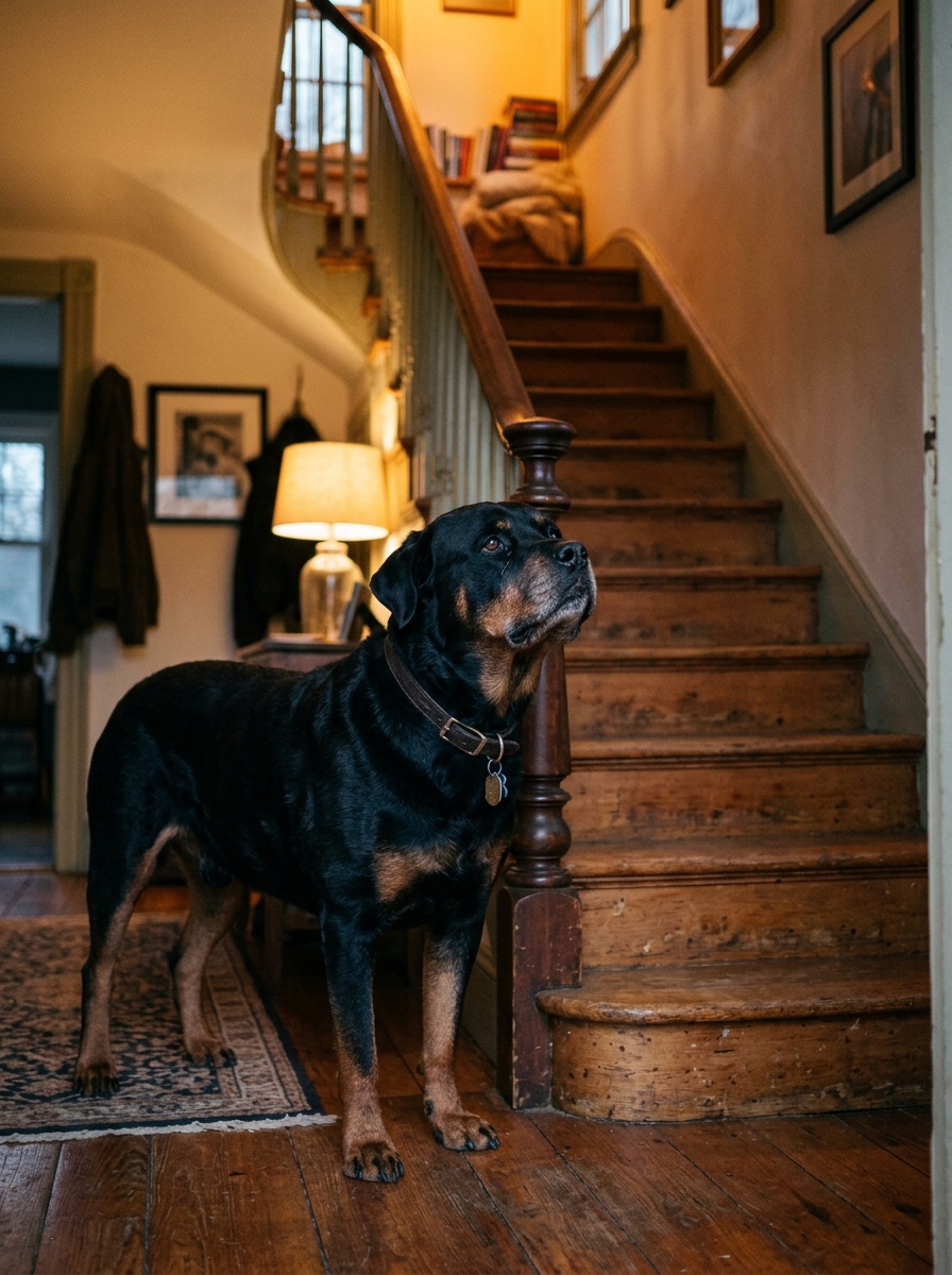 Duke hesitating at the bottom of the stairs