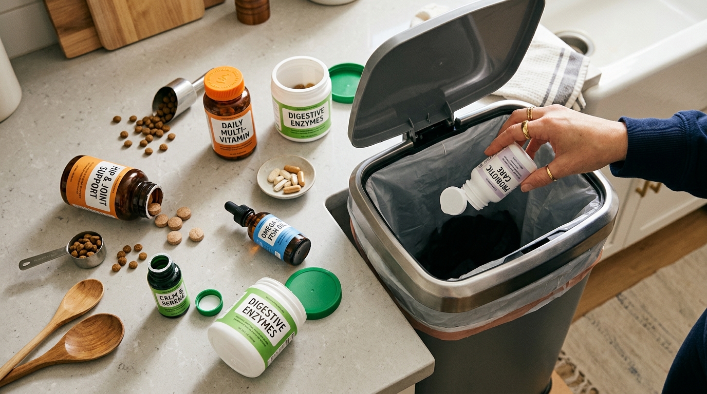Dog supplements being thrown in the trash